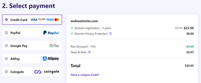 Hostinger Domain Name Registration 2 Years Select Payment